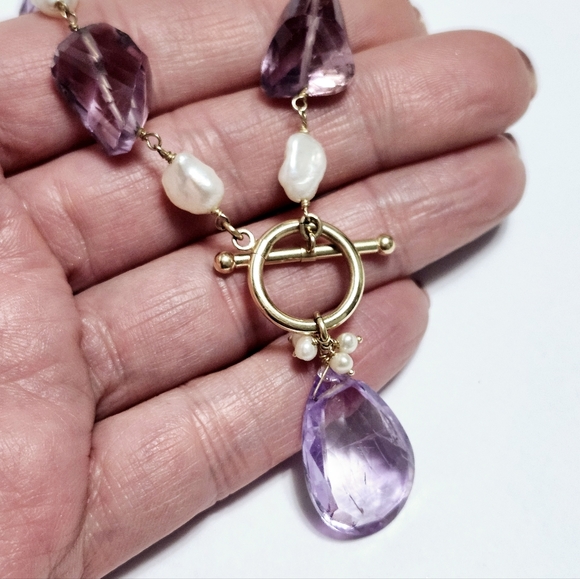 14K Gold Amethyst Pearl Drop Necklace - Picture 10 of 12